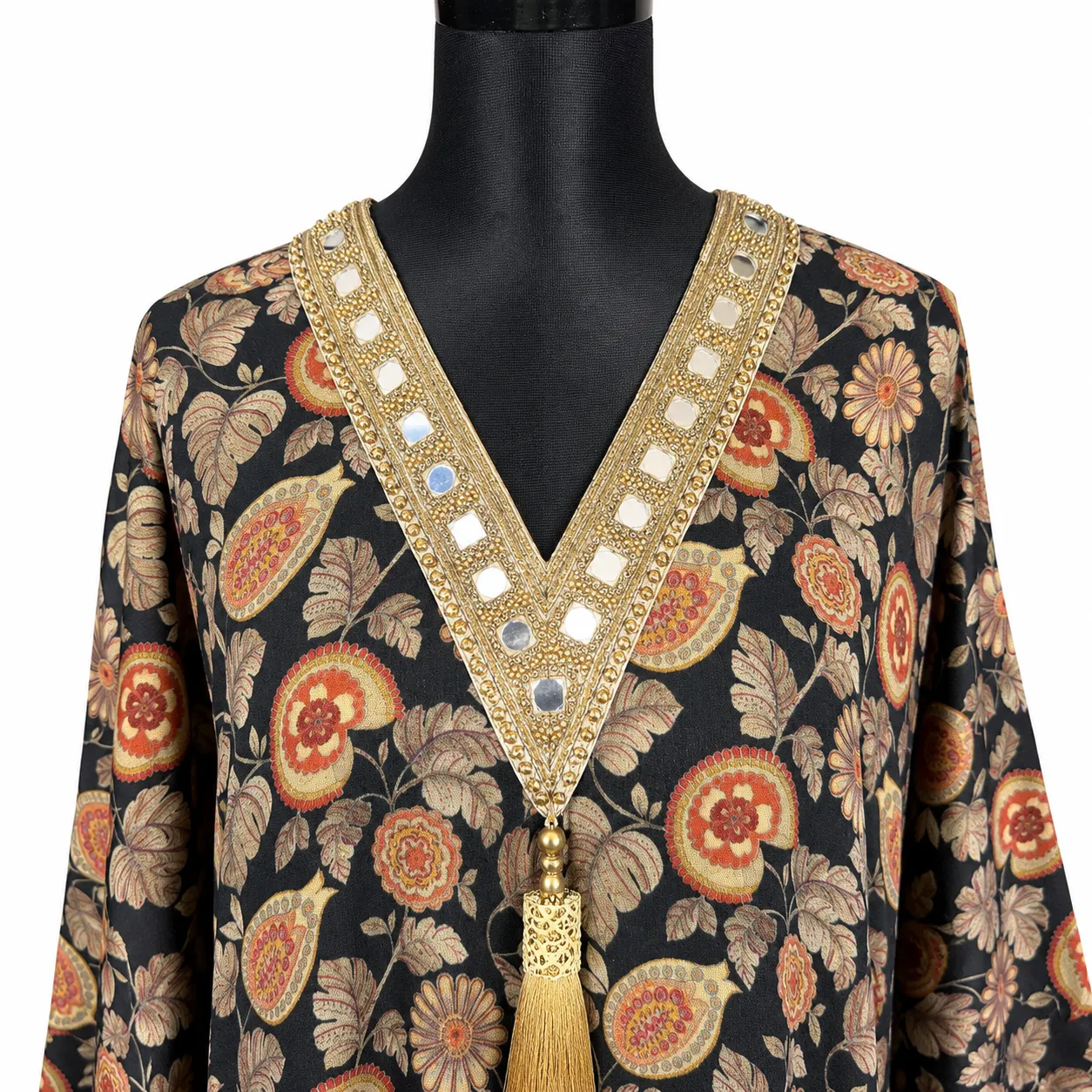 Embroidered Floral Long Kaftan with Mirror Work